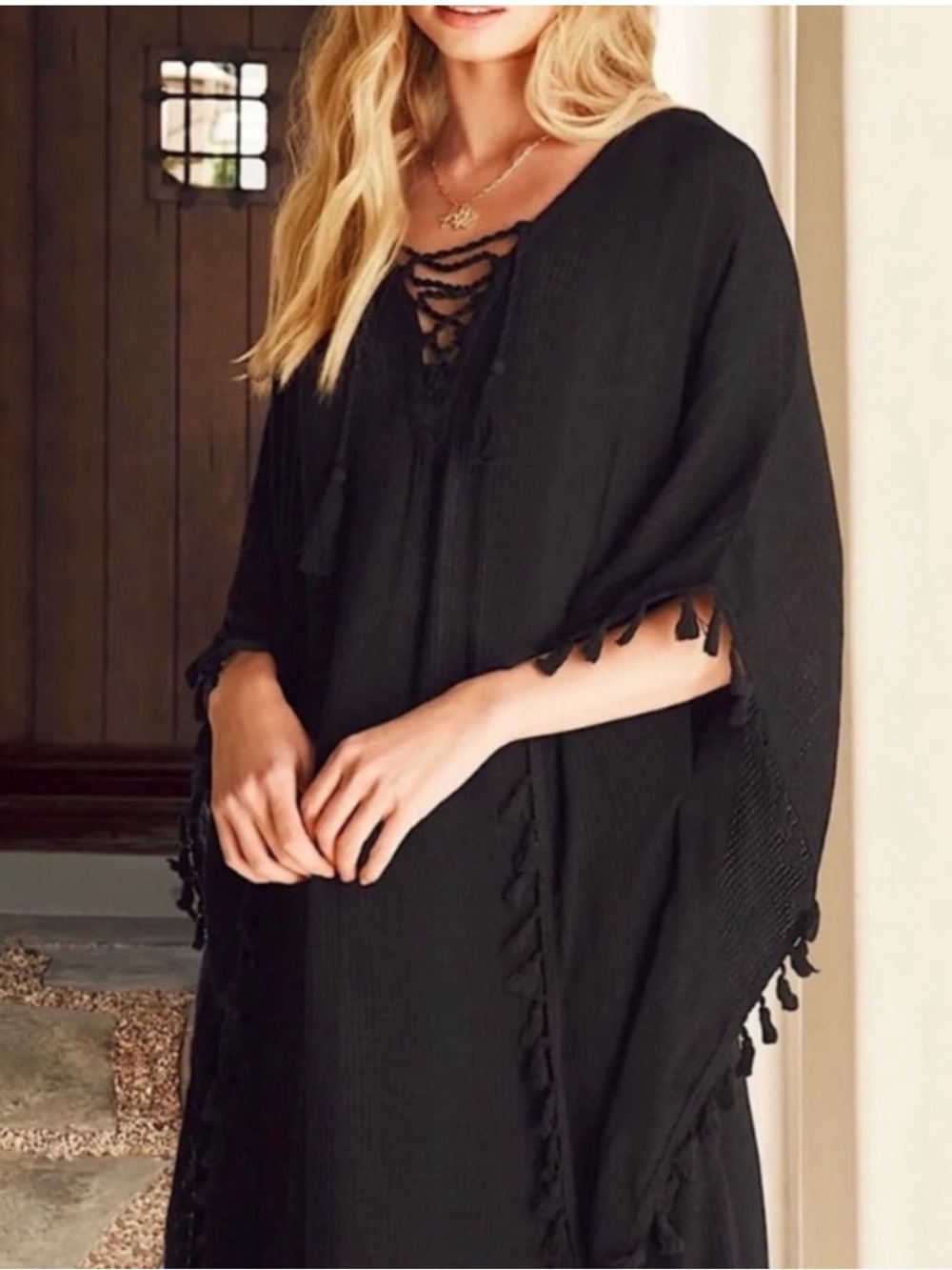WALTER BAKER NWT Black Beach Acapulco Kaftan Fringe